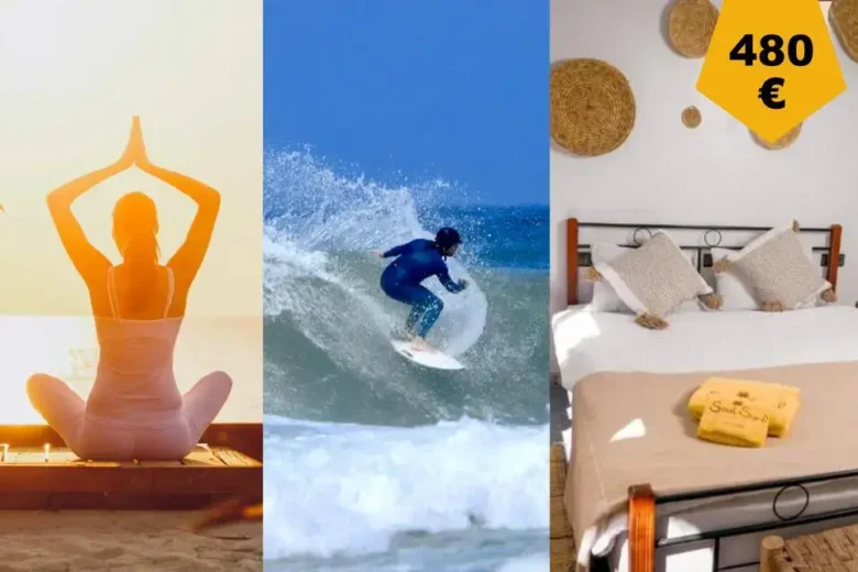 Yogi meditating at dawn, surfer carving an Atlantic wave, and cozy beachfront room interior – agadir morocco surf lifestyle.