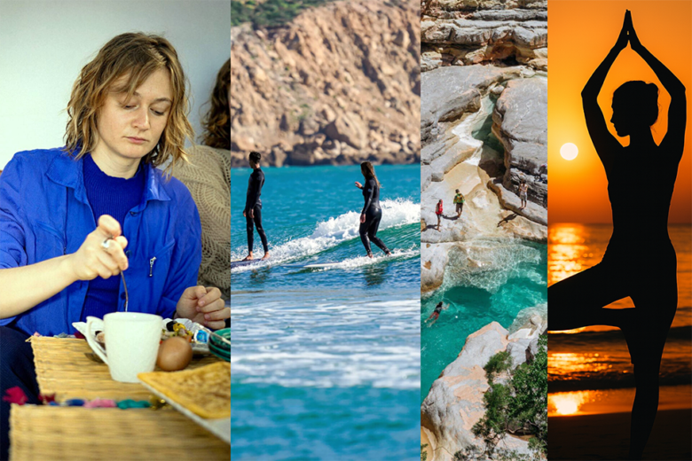 Collage: breakfast, surfing, Paradise Valley excursion and yoga at sunset agadir morocco