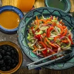 After an agadir morocco surf morning, a colorful spread on a woven mat with ceramic bowls of crisp cucumber salad, olives, kiwi, and orange sauce