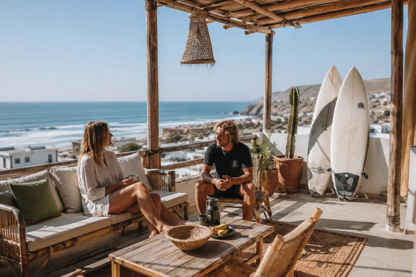 Surfer and coach discussing progress on an ocean-view terrace at Soul Surf House