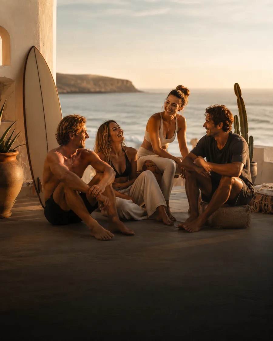 Friends sharing a premium surf holiday together by the ocean in Morocco
