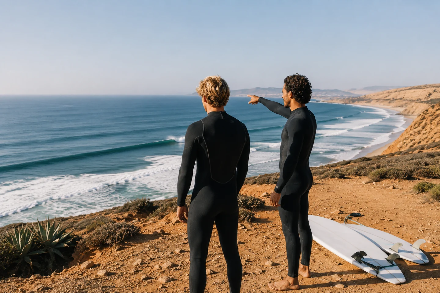 Surfers checking the best uncrowded waves on the Atlantic coast in Morocco