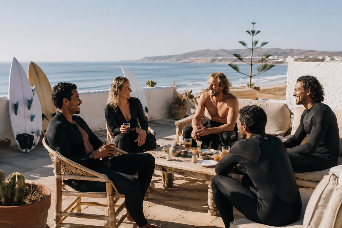 Relaxed surf camp terrace atmosphere after a day of surf guiding in Morocco