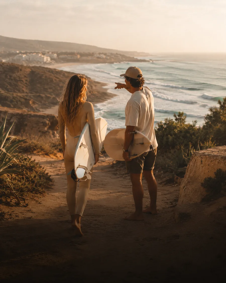 Local surf guide showing a surfer the best waves on Morocco's coast