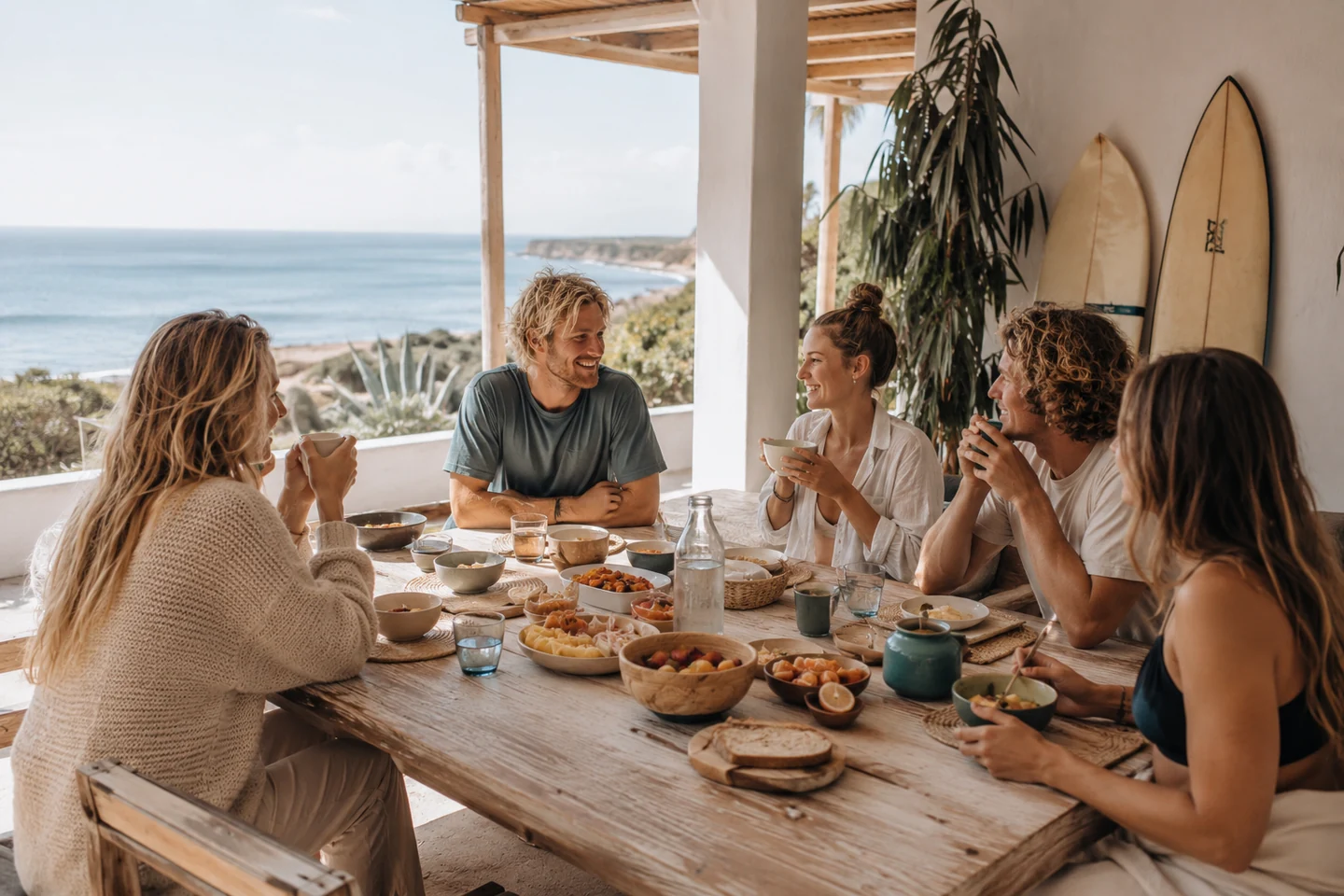 Healthy homemade brunch shared by Surf and Yoga guests at Soul Surf House