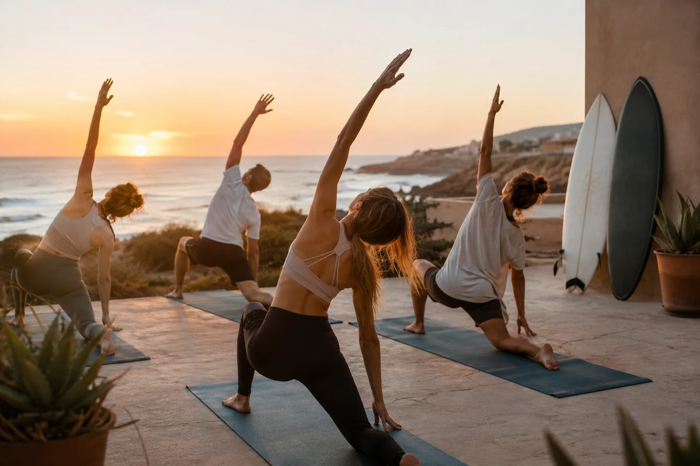 Sunset yoga session beside surfboards overlooking the Atlantic coast in Morocco